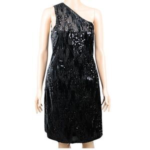 NICOLE MILLER One-Shoulder Sheath Dress In Black With Sequin And Velvet Design